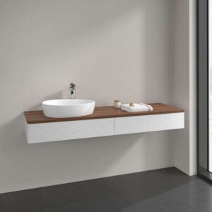Meuble vasque Villeroy &amp; Boch Antao L15112GF avec éclairage, 2 tiroirs, 1600 x 190 x 500 mm, façade texturée, laque blanche brillante / noyer chaud