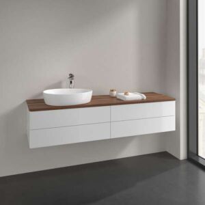 Meuble vasque Villeroy &amp; Boch Antao L26052GF avec éclairage, 4 tiroirs, 1600 x 360 x 500 mm, façade lisse, laque blanche brillante / noyer chaud