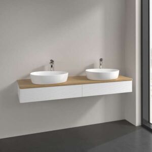 Villeroy und Boch Antao Waschtisch-Unterschrank L17151MT mit Beleuchtung, 2 Auszüge, 1600 x 190 x 500 mm, Front mit Struktur, White Matt Lacquer / Honey Oak