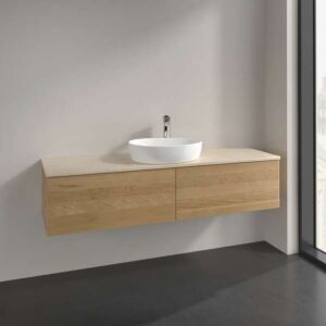 Meuble vasque Villeroy &amp; Boch Antao K36053HN 160 x 36 x 50 cm, percé pour robinetterie, plan vasque couleur Botticino, chêne miel