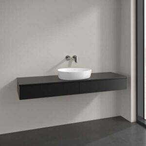 Meuble vasque Villeroy &amp; Boch Antao L14050PD avec éclairage, 2 tiroirs, 1600 x 190 x 500 mm, façade lisse, laque noire mate / laque noire mate