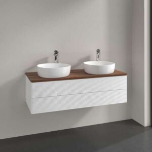 Villeroy und Boch Antao Waschtisch-Unterschrank L24112MT mit Beleuchtung, 2 Auszüge, 1200 x 360 x 500 mm, Front mit Struktur, White Matt Lacquer / Warm Walnut