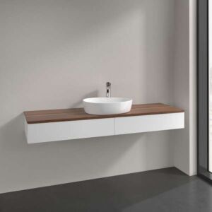 Villeroy &amp; Boch Antao vanity unit L14012MT with lighting, 2 drawers, 1600 x 190 x 500 mm, smooth front, White Matt Lacquer / Warm Walnut