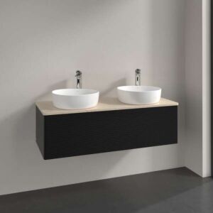 Meuble vasque Villeroy &amp; Boch Antao K35153PD 120 x 36 x 50 cm, percé pour robinetterie, plan vasque couleur Botticino, laque noire mate