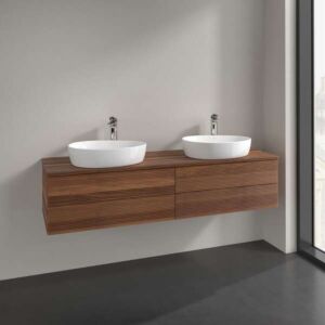 Villeroy &amp; Boch Antao vanity unit L28152HM with lighting, 4 drawers, 1600 x 360 x 500 mm, textured front, Warm Walnut / Warm Walnut