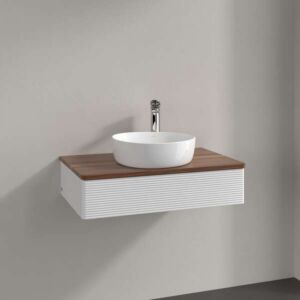 Meuble vasque Villeroy &amp; Boch Antao L08112GF avec éclairage, 1 tiroir, 800 x 190 x 500 mm, façade texturée, laque blanche brillante / noyer chaud