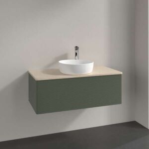 Meuble vasque Villeroy &amp; Boch Antao L31153HL avec éclairage, 1 tiroir, 1000 x 360 x 500 mm, façade texturée, laque mate Vert Feuille / Botticino