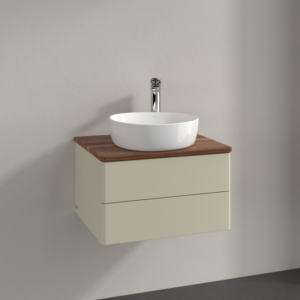 Meuble vasque Villeroy &amp; Boch Antao K18052HJ 60 x 36 x 50 cm, percé pour robinetterie, plan vasque couleur noyer chaud, laque mate gris soie