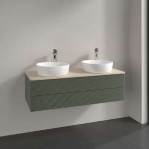 Meuble vasque Villeroy &amp; Boch Antao K24113HL 120 x 36 x 50 cm, plan vasque couleur Botticino, laque mate vert feuille