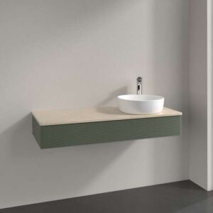 Meuble vasque Villeroy &amp; Boch Antao K12153HL 120 x 19 x 50 cm, percé pour robinetterie, plan vasque couleur Botticino, laque mate vert feuille