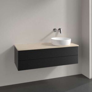 Meuble vasque Villeroy &amp; Boch Antao L23153PD avec éclairage, 2 tiroirs, 1200 x 360 x 500 mm, façade texturée, laque noire mate / Botticino