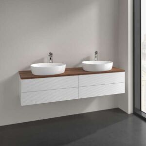 Meuble vasque Villeroy &amp; Boch Antao L28152GF avec éclairage, 4 tiroirs, 1600 x 360 x 500 mm, façade texturée, laque blanche brillante / noyer chaud
