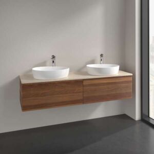 Villeroy und Boch Antao Waschtisch-Unterschrank L39053HM mit Beleuchtung, 2 Auszüge, 1600 x 360 x 500 mm, Front ohne Struktur, Warm Walnut / Botticino