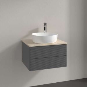 Meuble vasque Villeroy &amp; Boch Antao K18153GK 60 x 36 x 50 cm, percé pour robinetterie, plan vasque couleur Botticino, laque anthracite mate