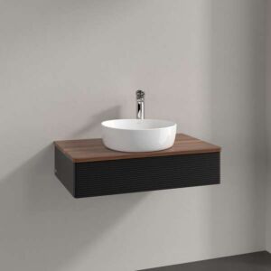 Villeroy &amp; Boch Antao vanity unit L08112PD with lighting, 1 drawer, 800 x 190 x 500 mm, textured front, Black Matt Lacquer / Warm Walnut