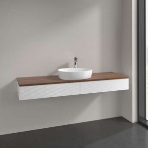 Villeroy &amp; Boch Antao vanity unit L14112MT with lighting, 2 drawers, 1600 x 190 x 500 mm, textured front, White Matt Lacquer / Warm Walnut
