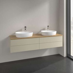 Villeroy &amp; Boch Antao vanity unit L28051HJ with lighting, 4 drawers, 1600 x 360 x 500 mm, smooth front, Silk Grey Matt Lacquer / Honey Oak