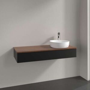 Meuble vasque Villeroy &amp; Boch Antao L12052PD avec éclairage, 1 tiroir, 1200 x 190 x 500 mm, façade lisse, laque noire mate / noyer chaud