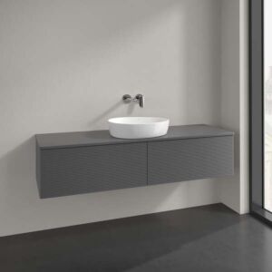 Meuble vasque Villeroy &amp; Boch Antao L36150GK avec éclairage, 2 tiroirs, 1600 x 360 x 500 mm, façade texturée, laque anthracite mate.