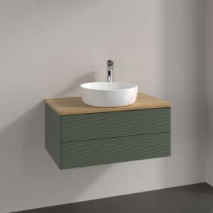 Villeroy &amp; Boch Antao vanity unit L19151HL with lighting, 2 drawers, 800 x 360 x 500 mm, textured front, Leaf Green Matt Lacquer / Honey Oak