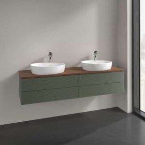 Villeroy &amp; Boch Antao vanity unit L28152HL with lighting, 4 drawers, 1600 x 360 x 500 mm, textured front, Leaf Green Matt Lacquer / Warm Walnut
