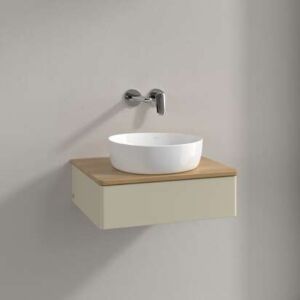 Meuble vasque Villeroy &amp; Boch Antao L07011HJ avec éclairage, 1 tiroir, 600 x 190 x 500 mm, façade lisse, laque mate Gris Soie / Chêne Miel
