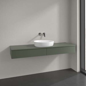 Meuble vasque Villeroy &amp; Boch Antao L14050HL avec éclairage, 2 tiroirs, 1600 x 190 x 500 mm, façade lisse, laque mate Vert Feuille / Laque mate Vert Feuille
