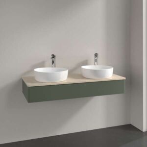 Villeroy &amp; Boch Antao vanity unit L13053HL with lighting, 1 drawer, 1200 x 190 x 500 mm, smooth front, Leaf Green Matt Lacquer / Botticino