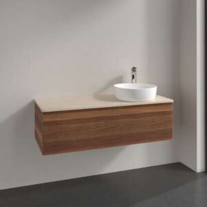 Villeroy &amp; Boch Antao vanity unit L34153HM with lighting, 1 drawer, 1200 x 360 x 500 mm, textured front, Warm Walnut / Botticino