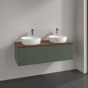 Meuble vasque Villeroy &amp; Boch Antao K35012HL 120 x 36 x 50 cm, plan vasque couleur noyer chaud, laque mate vert feuille
