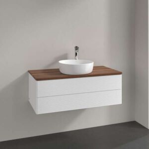 Villeroy &amp; Boch Antao vanity unit L20112MT with lighting, 2 drawers, 1000 x 360 x 500 mm, textured front, White Matt Lacquer / Warm Walnut
