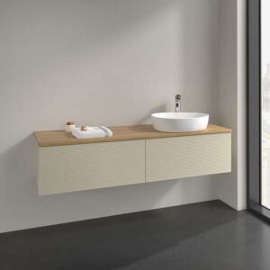 Villeroy &amp; Boch Antao vanity unit L38151HJ with lighting, 2 drawers, 1600 x 360 x 500 mm, textured front, Silk Grey Matt Lacquer / Honey Oak