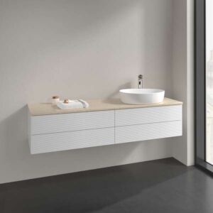 Meuble vasque Villeroy &amp; Boch Antao L27153GF avec éclairage, 4 tiroirs, 1600 x 360 x 500 mm, façade texturée, laque blanche brillante / Botticino