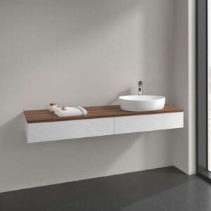 Meuble vasque Villeroy &amp; Boch Antao K16112GF 160 x 19 x 50 cm, plan vasque couleur noyer chaud, laque blanche brillante