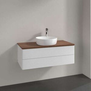 Villeroy &amp; Boch Antao vanity unit L20152GF with lighting, 2 drawers, 1000 x 360 x 500 mm, textured front, Glossy White Lacquer / Warm Walnut