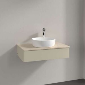 Villeroy und Boch Antao Waschtisch-Unterschrank L08013HJ mit Beleuchtung, 1 Auszug, 800 x 190 x 500 mm, Front ohne Struktur, Silk Grey Matt Lacquer / Botticino