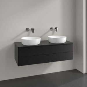 Meuble-lavabo Villeroy &amp; Boch Antao L24150PD avec éclairage, 2 tiroirs, 1200 x 360 x 500 mm, façade texturée, laque noire mate.
