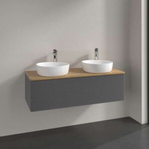 Villeroy &amp; Boch Antao vanity unit L35111GK with lighting, 1 drawer, 1200 x 360 x 500 mm, textured front, Anthracite Matt Lacquer / Honey Oak