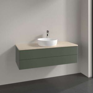 Villeroy und Boch Antao Waschtisch-Unterschrank L21053HL mit Beleuchtung, 2 Auszüge, 1200 x 360 x 500 mm, Front ohne Struktur, Leaf Green Matt Lacquer / Botticino