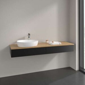 Meuble vasque Villeroy &amp; Boch Antao K15011PD 160 x 19 x 50 cm, plan vasque couleur chêne miel, laque noire mate