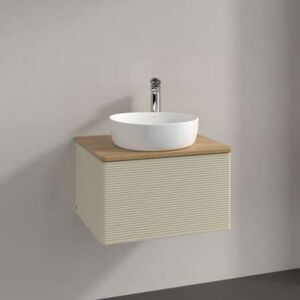 Meuble vasque Villeroy &amp; Boch Antao L29111HJ avec éclairage, 1 tiroir, 600 x 360 x 500 mm, façade texturée, laque mate Gris Soie / Chêne Miel