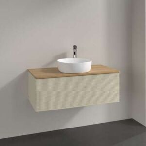 Meuble vasque Villeroy &amp; Boch Antao L31151HJ avec éclairage, 1 tiroir, 1000 x 360 x 500 mm, façade texturée, laque mate Gris Soie / Chêne Miel