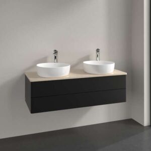 Meuble vasque Villeroy &amp; Boch Antao K24053PD 120 x 36 x 50 cm, percé pour robinetterie, plan vasque couleur Botticino, laque noire mate