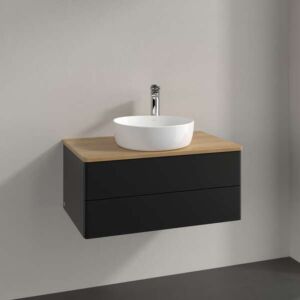 Meuble vasque Villeroy &amp; Boch Antao K19051PD 80 x 36 x 50 cm, percé pour robinetterie, plan vasque couleur chêne miel, laque noire mate