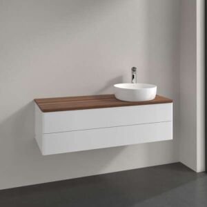 Villeroy und Boch Antao Waschtisch-Unterschrank L23052GF mit Beleuchtung, 2 Auszüge, 1200 x 360 x 500 mm, Front ohne Struktur, Glossy White Lacquer / Warm Walnut