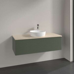 Meuble vasque Villeroy &amp; Boch Antao K32113HL 120 x 36 x 50 cm, plan vasque couleur Botticino, laque mate vert feuille