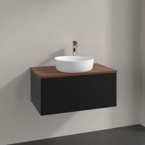 Meuble vasque Villeroy &amp; Boch Antao L30052PD avec éclairage, 1 tiroir, 800 x 360 x 500 mm, façade lisse, laque noire mate / noyer chaud