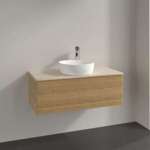 Meuble vasque Villeroy &amp; Boch Antao L31113HN avec éclairage, 1 tiroir, 1000 x 360 x 500 mm, façade texturée, Chêne Miel / Botticino