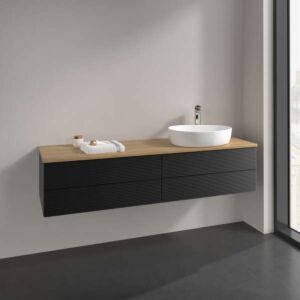 Meuble vasque Villeroy &amp; Boch Antao K27151PD 160 x 36 x 50 cm, percé pour robinetterie, plan vasque couleur chêne miel, laque noire mate