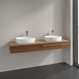 Villeroy &amp; Boch Antao vanity unit L17151HM with lighting, 2 drawers, 1600 x 190 x 500 mm, textured front, Warm Walnut / Honey Oak